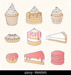 Vector pastry collection of cakes, pies, tarts, muffins and eclairs with pink strawberry topping. Hand  drawn sweet bakery products in sketchy style o Stock Vector