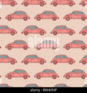Hand drawn vector seamless pattern with retro cars on the beige polka dot background. Vintage design. Stock Vector