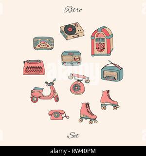 Vector retro set with antique tech, scooter, juke box, radio, typewriter, roller skates and vinyl record  player. Hand drawn collection of vintage obj Stock Vector