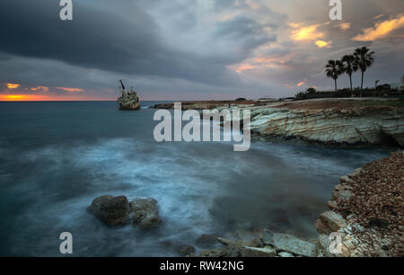 The abandoned ship of EDRO III resting on the coastline of Pegia in Cyprus. The EDRO III was a cargo ship ran aground off Pegia on 8 December 2011 in Stock Photo