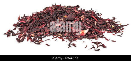 Heap of dried hibiscus petals isolated on white background. Red tea, karkade. Stock Photo