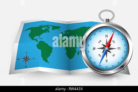 Compas and Blue folded world map. Vector illustration. Stock Vector