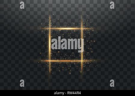 Golden frame with lights effects. Shining luxury banner vector illustration. Glow line golden frame with sparks and spotlight light effects. Shining Stock Vector