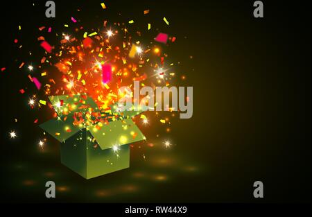 Open yellow Gift Box and  color Confetti on yellow background. Vector Illustration. Stock Vector