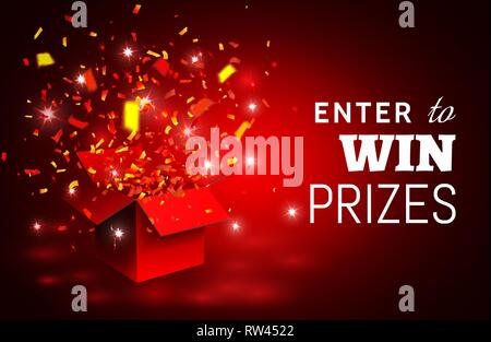 Open Red Gift Box and Confetti. Enter to Win Prizes. Vector Illustration. Stock Vector