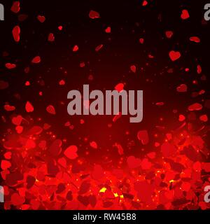 Heart confetti of Valentines petals falling on red background. Flower petal in shape of heart confetti for Women's Day. Stock Vector