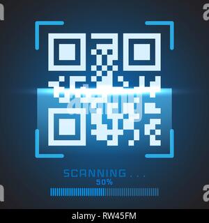 Vector QR code sample for smartphone scanning isolated on blue background. Stock Vector