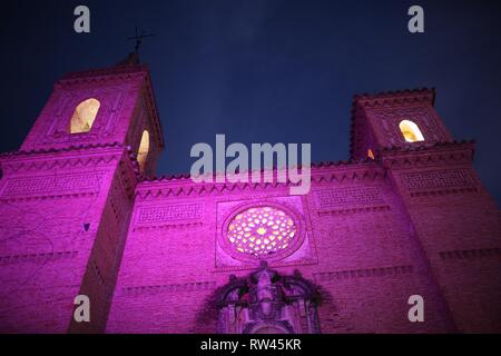 Pueblo Español Mallorca Spain, illuminated at night, pink light Stock Photo