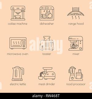 Kitchen utensils and household appliances linear icons Stock Vector