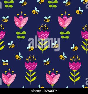 Seamless pattern with doodle flowers and bees. Colorful vector pattern in flat style can be used for wrapping paper, spring holidays background Stock Vector