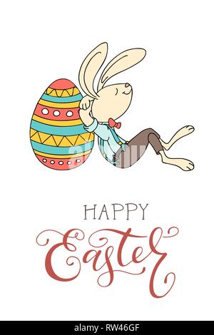 Hand drawn Easter eggs, fun rabbit, and handwritten text. Happy Easter greeting card. The concept of Christian spring holidays congratulation. Colorfu Stock Vector