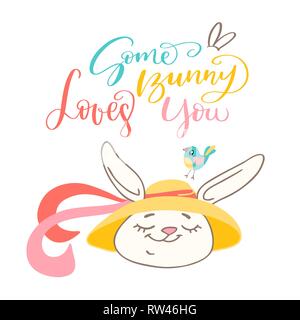 Some bunny loves you, handwritten text, and cute Easter bunny. Vector design elements for invitation, banner, and postcard Stock Vector