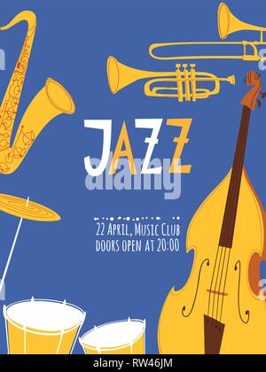 Vector jazz poster with musical instruments and text Stock Vector