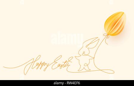 Happy Easter. Cute rabbit with air balloon shaped as egg. Vector paper desing illustration. Continuous one line style. Stock Vector