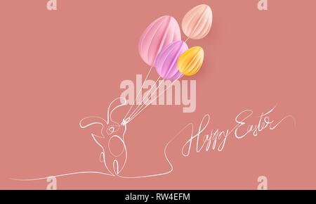 Happy Easter. Cute rabbit with air balloon shaped as egg. Vector paper desing illustration. Continuous one line style. Stock Vector