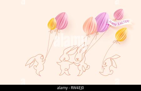 Happy Easter card. Cute hand drawn rabbits with air balloons shaped as eggs. Vector paper desing illustration. Continuous one line style. Stock Vector