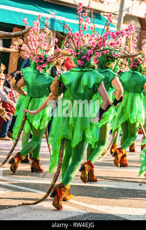 Traditional carnival in a Spanish town Palamos in Catalonia. Many people in costume and interesting make-up. 03. 01. 2019 Spain Stock Photo