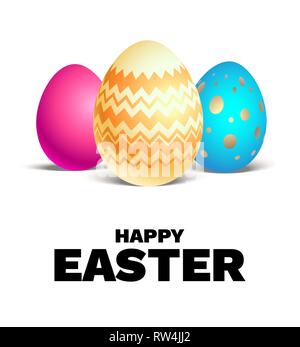 Happy Easter holiday card. Realistic colored Easter eggs isolated. Festive vector illustration. Stock Vector