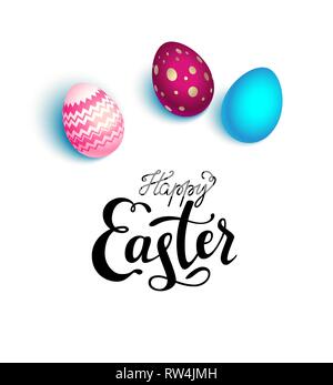Happy Easter holiday card. Realistic colored Easter eggs isolated. Flat lay illustration. Stock Vector