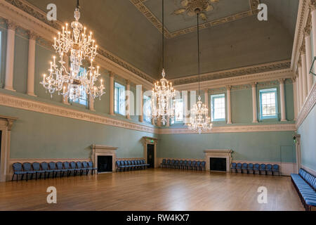 Magnificent glass chandeliers and polished floors in the Ballroom of the Assembly Rooms in Bath, N.E. Somerset, England, UK Stock Photo