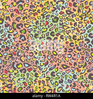 Leopard skin seamless pattern, animal texture, spotted tracery, animalistic ornament, vector background. Chaotic multicolor spot on colorful pastel ba Stock Vector