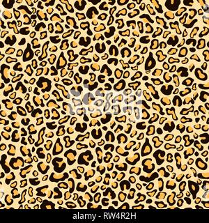 Leopard skin seamless pattern, animal texture, spotted tracery, animalistic ornament, vector background. Chaotic black orange spot on orange backdrop. Stock Vector