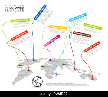 World map infographic: Light dotted World map with linked pointers - communication concept Stock Vector