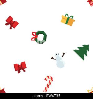 Colorful Pixel Pattern with Christmas Elements. Atcade games style Stock Vector