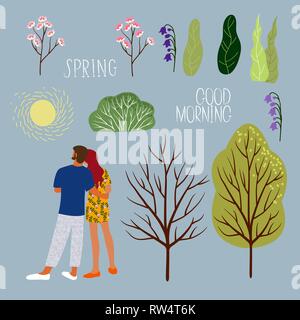 Couple in spring morning, create your cute card. Set of isolated vector elements man and woman, sun, trees, flowers and leaves. Stock Vector
