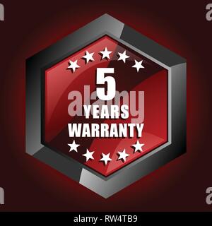 Warranty guarantee 5 year hexagonal glossy dark red and black web icon, vector illustration in eps 10 Stock Vector