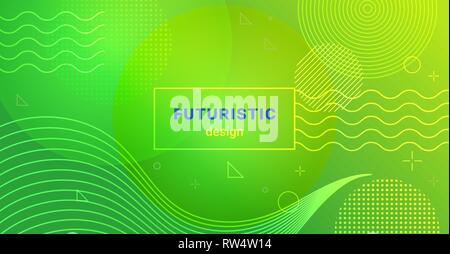 Futuristic minimalist background with waves and dots on gradient blend abstract shapes Stock Vector