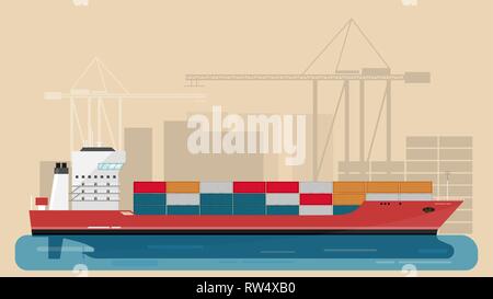 Cargo Sea Port with Cargo Freight Ship and Harbour Port Cranes and City Elements. Vector Illustration. Stock Vector
