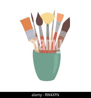 Paint brushes in cup. Cartoon style design element for artist workplaceeinterior, school class, desk top Stock Vector