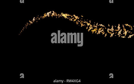 golden swirl of music notes and glitter on black background Stock Photo