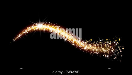 golden swirl of sparkles and glitter on black background Stock Photo