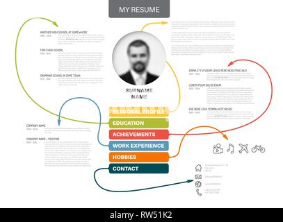 Vector original minimalist cv / resume template - creative version with lines connecting work experiences, education, personal info, achievements Stock Vector