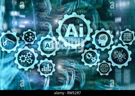 Artificial intelligence hi-tech business technologies concept. Futuristic server room background. AI Stock Photo