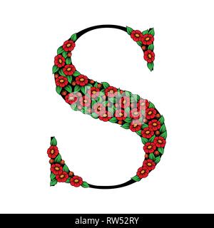 Black letter S silhouette with red flowers and green leaves Stock Vector