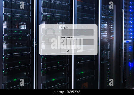 Server room, login and password request, data access and security.