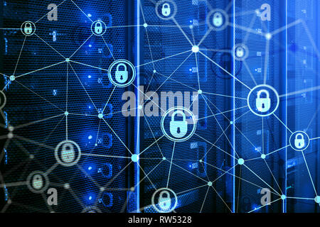 Cyber security, information privacy, data protection concept on modern server room background. Internet and digital technology concept. Stock Photo