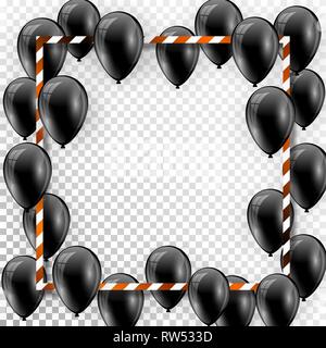 Beautiful black balloons randomly flying over white frame. Party elegant vector background with space for text. Vector white frame, confetti, ballons. Stock Vector