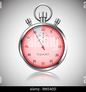 55 seconds. Silver realistic stopwatch with reflection. Vector. Stock Vector