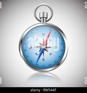 Glossy Silver Compass with windrose and reflection. Vector Illustration. Stock Vector