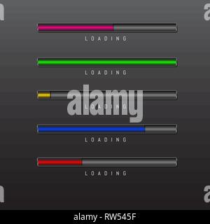 progress bar and loading different colors on black background vector. Stock Vector