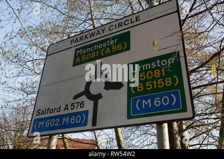 Road sign at Parkway Circle, Trafford Park, Greater Manchester