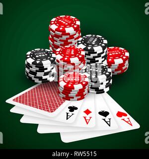 Vector illustration on a casino theme with playing chips and playig cards on dark background. Gambling design elements. Four Aces and  poker chips sta Stock Vector