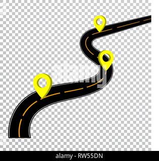 Winding Road Isolated Transparent Special Effect. Road Way Location Infographic Template with Pin Pointers. Vector. Stock Vector