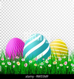 Vector Easter eggs with grass and flowers isolated on a transparent background. Element for celebratory design. Stock Vector