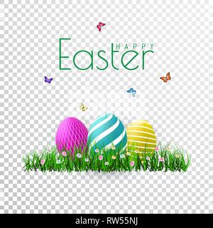 Vector Easter eggs with grass, butterfly and flowers isolated on a transparent background. Element for celebratory design. Stock Vector