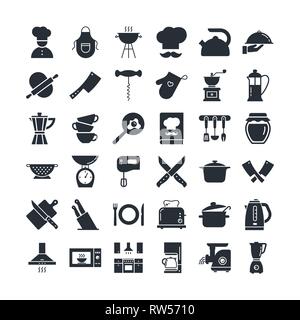 Set of icons on the kitchen theme, kitchen tools, logos, and lettering. Stock Vector